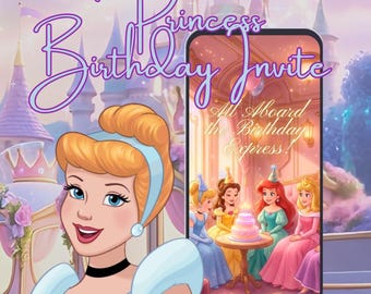 Princess Birthday Video cute Invitation for girl | Rapunzel, Cinderella, Ariel, Bella, Snow White, Moana | Instant Download Canva Template