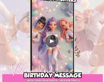 KPop Demon Hunters Gepersonaliseerde Verjaardagswensen Video | Foto van een kind op maat | Zoe Mira Rumi | Digitaal MP4-verjaardagscadeau voor kinderen