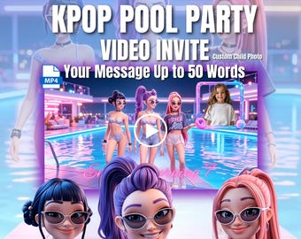 Gepersonaliseerde K-Pop Demon Hunter-geïnspireerde uitnodiging voor een zwembadfeestje: video, foto van het kind en bericht.