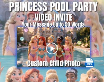 Gepersonaliseerde prinsessenpoolparty-uitnodiging (video), op maat gemaakte verjaardagskaart met foto van het kind en tekst.