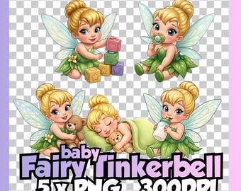 Prinses Tinkerbell Baby Clipart PNG Bundel, Tinkerbell-geïnspireerde transparante clipart van 300 DPI, ontwerp voor babykamer sublimatie