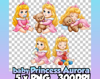 Prinses Aurora baby clipart PNG-bundel, Doornroosje geïnspireerde transparante clipart 300 DPI, babykamer sublimatie design