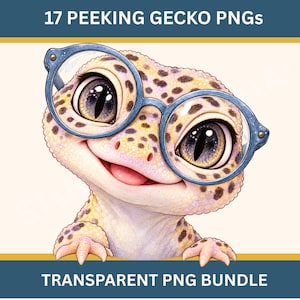 Könnte beinhalten: Eine digitale Illustration eines gefleckten Leopardengeckos mit einer großen, runden blauen Brille. Der Gecko hat große Augen, einen lächelnden Mund und schaut über eine Kante. Der Text 17 PEEKING GECKO PNGs und TRANSPARENT PNG BUNDLE ist sichtbar.