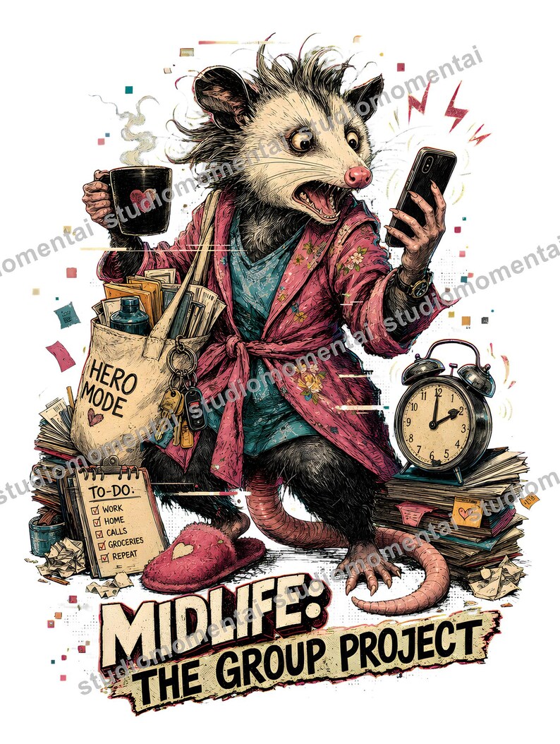 Może przedstawiać: Ilustracja oposa w r&oacute;żowym szlafroku w kwiaty i puchatych kapciach, trzymającego parujący kubek i smartfon. Niesie torbę z napisem HERO MODE i stoi obok książek, budzika oraz listy zadań. Tekst głosi: MIDLIFE: THE GROUP PROJECT.