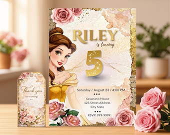 Princess Bella beauty and the beast birthday Party Invite, Editable Canva Template, Fairytale Birthday Invitation and thank you tag bundle
