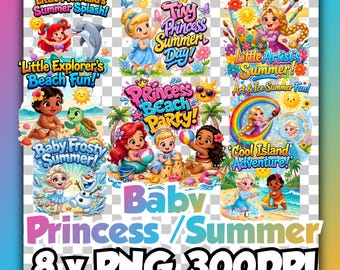 Babyprinses Zomer PNG Bundel | 8 Leuke Prinsessen Clipart | Kleine Zeemeermin Strandfeest Sublimatie | Directe Digitale Download 300 DPI