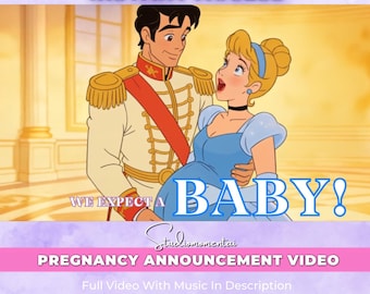 Videosjabloon voor zwangerschapsaankondiging op Canva, Assepoester prinses baby onthulling, sprookjesachtig zwangerschapsnieuws, bewerkbaar en direct te downloaden.