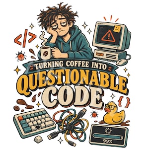 Convirtiendo el café en código cuestionable PNG de programador, diseño divertido de programador cansado, gráfico retro de desarrollador de software