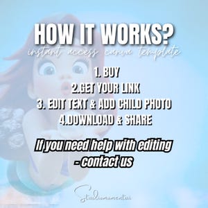 May include: Image with the text "HOW IT WORKS?" and "instant access canva template". Steps include "BUY", "GET YOUR LINK", "EDIT TEXT & ADD CHILD PHOTO", and "DOWNLOAD & SHARE". It also says "If you need help with editing - contact us".