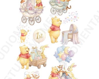 4000px 45x PNG Set Winnie de Pooh Verjaardagscliparts | Aquarel Digitale Bundel, Babyshower Clipart, Pooh en Vrienden
