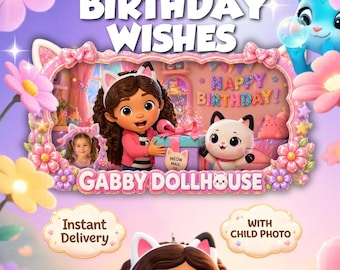 Gabby Poppenhuis Verjaardagsvideo, Gepersonaliseerde Canva-sjabloon met foto van het kind of eigen video, Direct te downloaden MP4 Verjaardagswensen voor kinderen/