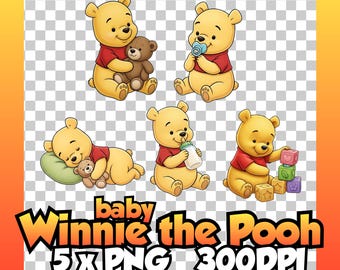 Baby Winnie de Pooh Clipart PNG-bundel, Beer geïnspireerd op Winnie de Pooh, 300 DPI transparante clipart, ontwerp voor kinderkamer sublimatie