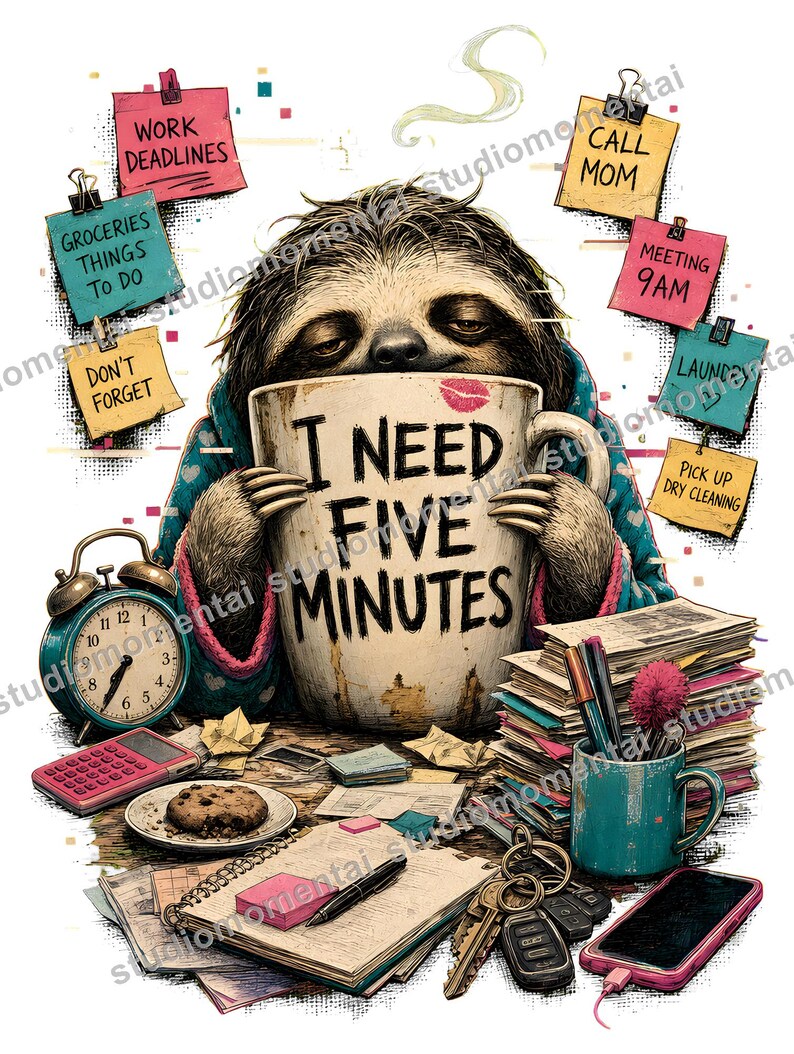 Może przedstawiać: Leniwiec trzymający duży biały kubek z napisem I NEED FIVE MINUTES i śladem czerwonej szminki. Scena zawiera karteczki samoprzylepne z zadaniami, turkusowy budzik, stos papier&oacute;w, ciasteczko, długopis, klucze oraz smartfon na biurku.