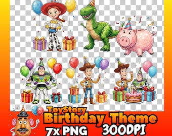 Verjaardagsthema Clipart PNG-bundel, Toy Story-geïnspireerde transparante clipart (300 DPI), ontwerp voor sublimatie in de kinderkamer