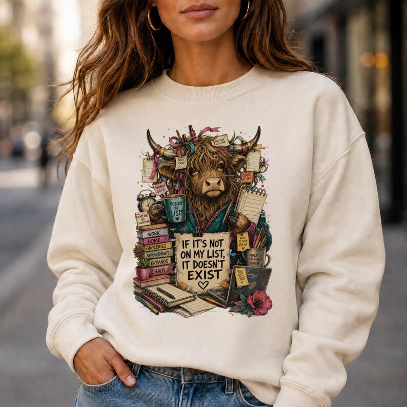Może przedstawiać: Kremowa bluza z okrągłym dekoltem z grafiką przedstawiającą szkocką krowę wyżynną w otoczeniu stos&oacute;w książek, notatnik&oacute;w i kubka. Tekst brzmi "IF IT'S NOT ON MY LIST, IT DOESN'T EXIST" z małym symbolem serca pod napisem.