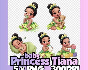 Babyclipart van prinses Tiana (PNG-bundel), geïnspireerd op De Prinses en de Kikker, transparante clipart met 300 dpi, ontwerp voor de babykamer (sublimatie).
