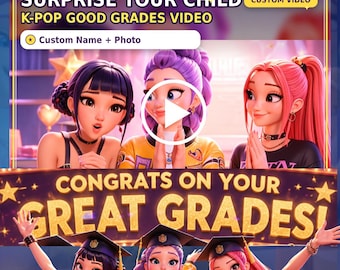Gepersonaliseerde K-Pop school felicitatievideo voor kinderen, met eigen naam en foto, goed gedaan videoboodschap, digitaal cadeau