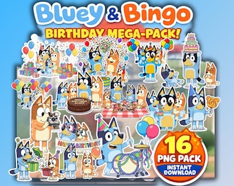 4000px 16 Stuks Bluey en Bingo Verjaardag Clipart PNG bundelset - Directe digitale download, Feestdecoraties, Uitnodigingen