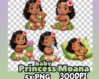 Bundel met clipart van een baby uit prinses Moana in PNG-formaat, geïnspireerd op de baby uit Moana (300 DPI transparante clipart), geschikt voor sublimatieontwerpen voor de kinderkamer.