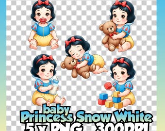 Prinses Sneeuwwitje baby clipart PNG bundel, Sneeuwwitje geïnspireerde transparante clipart 300 DPI, babykamer sublimatie design