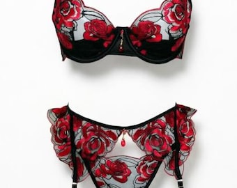 Black & Red Rose Lace Lingerie Set, Floral Embroidered Bra + Garter Belt, Sheer Mesh Lingerie, Anniversary Gift
