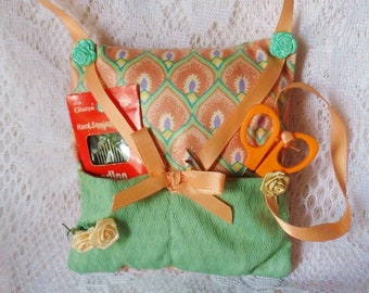 Hang Around Neck Sewing Kit, Handmade Pillow Pincushion with Notions, Vintage Tailors Fitting Mending Kit