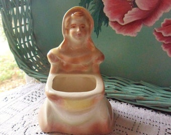 Bonnet Girl Planter, Numbered Vintage Coventry Ware Planter, Colonial Era Girl with Basket Planter, 40s