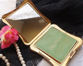 Elgin American Mirrored Powder Compact, Vintage Gold Compact with Etched Heart Flowers and Fern Leaves