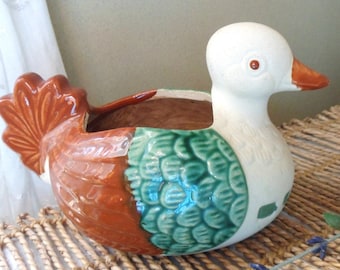 Dove Stoneware Planter, Vintage Hand Painted Pottery, 70s