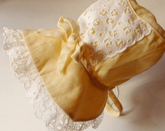 Yellow Baby Bonnet with White Eyelet Lace, Vintage Wide Brim Yellow Sunbonnet with Lace Ruffle