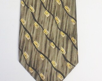 Carlos Devenezia Silk NeckTie, Handmade Gray and Gold Geometric Tie, Vintage Italian Silk Tie Roma Barcelona