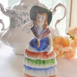 Lady Dinner Bell with Ruffled Rainbow Skirt, Vintage Porcelain Table Bell, 60s