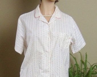 Beverly White Pajama Set, Vintage Pink Rosebud Cotton Pajamas, Size 40, Never Worn Never Washed 50s Pajamas