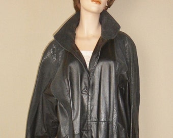 Pelle Black Leather Trenchcoat, Long Vintage Leather Coat, Size L