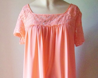 Orange Vanity Fair Negligee, Vintage Mid Length Nylon Short Sleeve Nightgown, Size 36, Lace Yoke and Sleeves