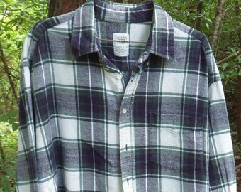 Old Navy Flannel Button Down Shirt, Mens Vintage Long Sleeve Green and Black Plaid Woven Flannel Shirt, Size XL