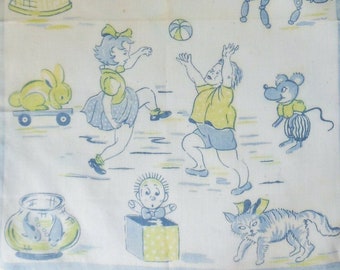 Children Playing with Toy and Pets Hanky, Childs Mid Century Vintage Hanky