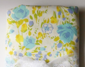 Blue and Yellow Floral Fitted Twin Sheet, Pennys Fashion Manor Fitted Percale Sheet, Vintage Floral Bedding
