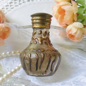 Smelling Salts Bottle with Hinged Brass Top, Art Nouveau Flashed Glass Bottle with Raised Enamel 1800s