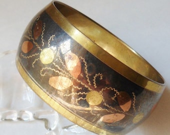 Wide Handmade Brass Bangle Bracelet with Brass and Copper Inlay, Vintage Boho Jewelry