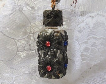 Tiny Czech Jeweled Perfume Bottle with Tassel, Vintage Metal Flower Encased Glass Bottle with Rhinestones
