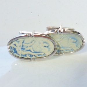 Swank Greek God Cufflinks, Greek Hero on Pegasus Horse, Vintage Carved Art Glass Cuff Links