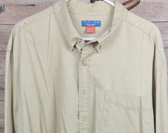 Puritan Khaki Button Down Shirt, Mens Vintage Long Sleeve Cotton Shirt, Size XXXL