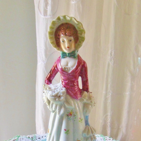 Tall Colonial Lady Figurine with Porcelain Lace Trim, Vintage Lady Figure with Parasol, Sculpted Lace Figurine Maked B, 8 1/2 inches