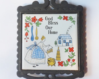 Hanging Tile Trivet, Cast Iron Trivet with God Bless Our Home Ceramic Tile Center, 60s, Vintage Japan Trivet