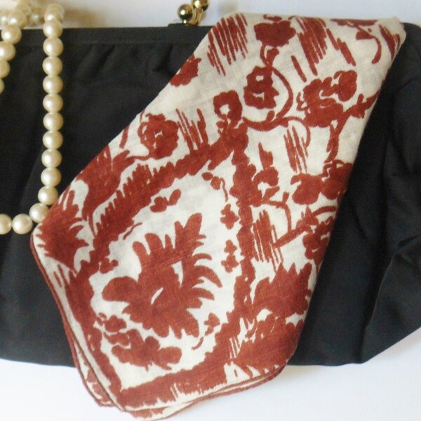 Hand Painted Silk Hanky, Brown on White Abstract Floral Handkerchief, Ladies Vintage Silk Hanky