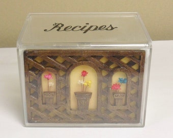 Clear Plastic Recipe Box with Faux Wood Window Front and Dried Flowers in Flower Pots, Vintage Victor Goldman Recipe Box