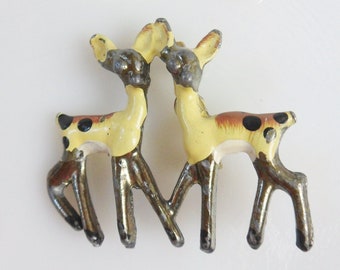 Childs Fawn Pin, Mid Century Enameled Metal Deer Brooch of Two Fawns