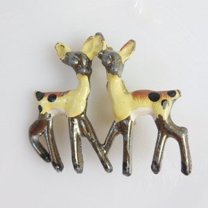 Childs Fawn Pin, Mid Century Enameled Metal Deer Brooch of Two Fawns