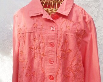 Linden Hill Jacket, Embroidered Vintage Coral Button Front Jacket, Size L